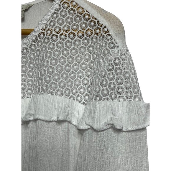 C Est 1946 White Crochet Yoke Ruffle Long Sleeve Blouse XL Minimalist Lt Weight - Picture 7 of 16